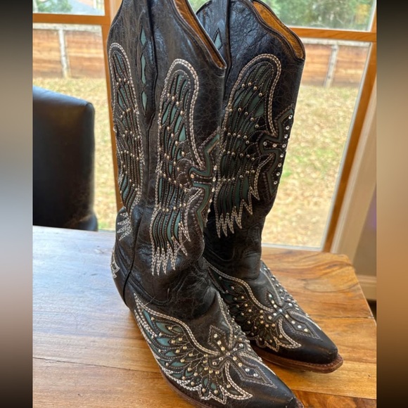 Corral A1048 Black Turquoise Wing Cross Studded Snip Toe Cowgirl Boots 9.5M - Picture 8 of 14